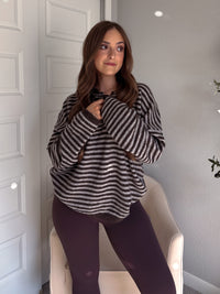 Rae Oversized Striped Henley Sweater (Deep Brown)