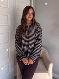 Rae Oversized Striped Henley Sweater (Deep Brown)