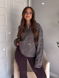 Rae Oversized Striped Henley Sweater (Deep Brown)