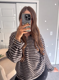 Rae Oversized Striped Henley Sweater (Deep Brown)