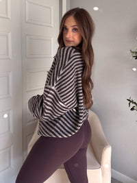 Rae Oversized Striped Henley Sweater (Deep Brown)