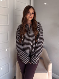 Rae Oversized Striped Henley Sweater (Deep Brown)