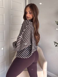 Rae Oversized Striped Henley Sweater (Deep Brown)