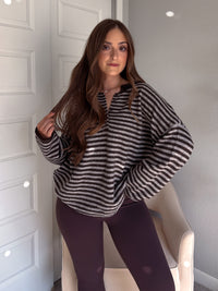 Rae Oversized Striped Henley Sweater (Deep Brown)
