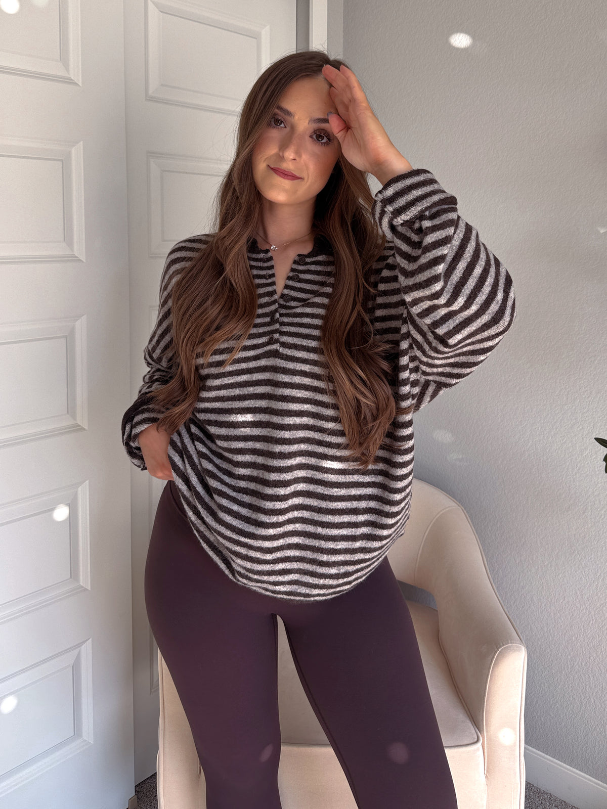 Rae Oversized Striped Henley Sweater (Deep Brown)