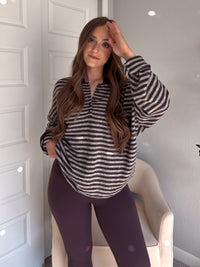 Rae Oversized Striped Henley Sweater (Deep Brown)
