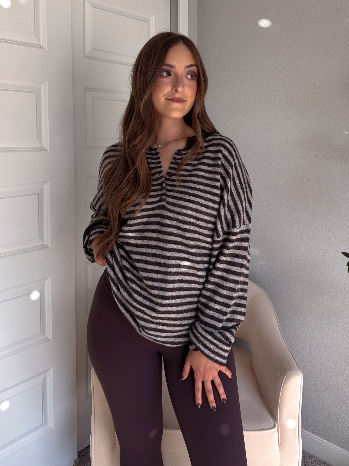 Rae Oversized Striped Henley Sweater (Deep Brown)
