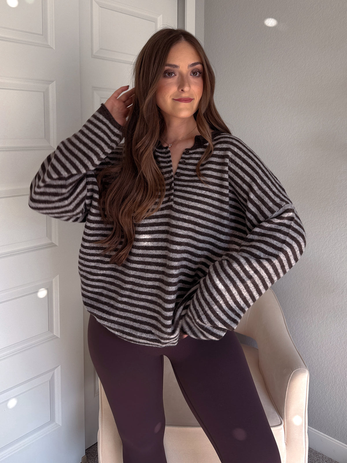 Rae Oversized Striped Henley Sweater (Deep Brown)