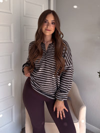 Rae Oversized Striped Henley Sweater (Deep Brown)