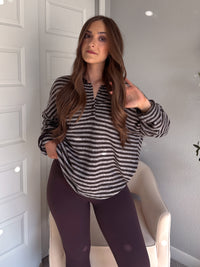 Rae Oversized Striped Henley Sweater (Deep Brown)