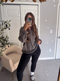 Rae Oversized Striped Henley Sweater (Deep Brown)