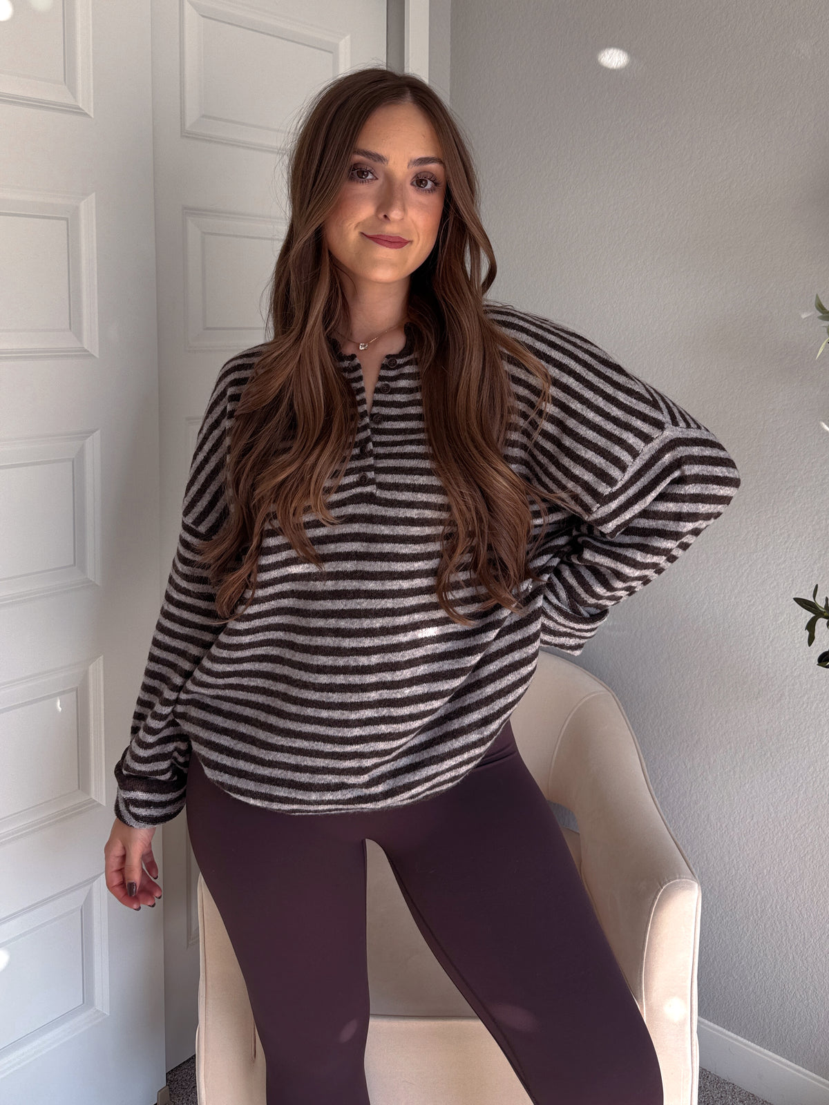 Rae Oversized Striped Henley Sweater (Deep Brown)