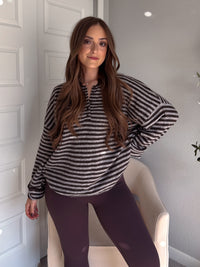 Rae Oversized Striped Henley Sweater (Deep Brown)