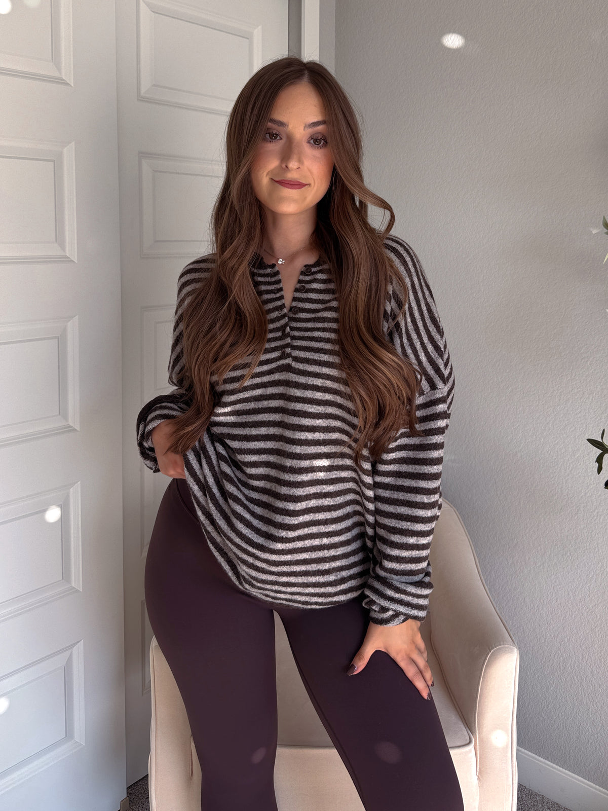 Rae Oversized Striped Henley Sweater (Deep Brown)