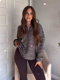 Rae Oversized Striped Henley Sweater (Deep Brown)