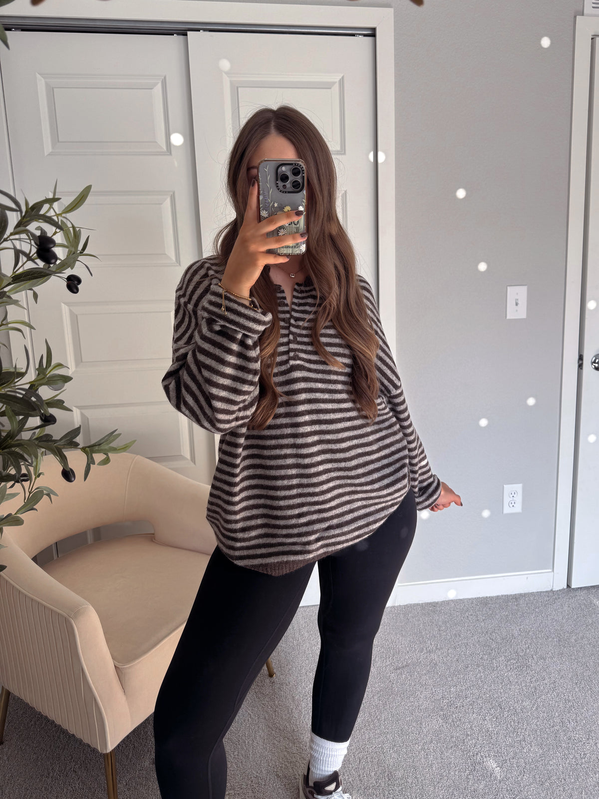 Rae Oversized Striped Henley Sweater (Deep Brown)