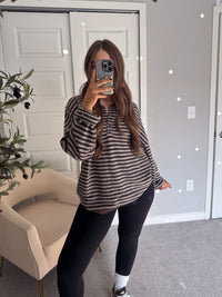 Rae Oversized Striped Henley Sweater (Deep Brown)