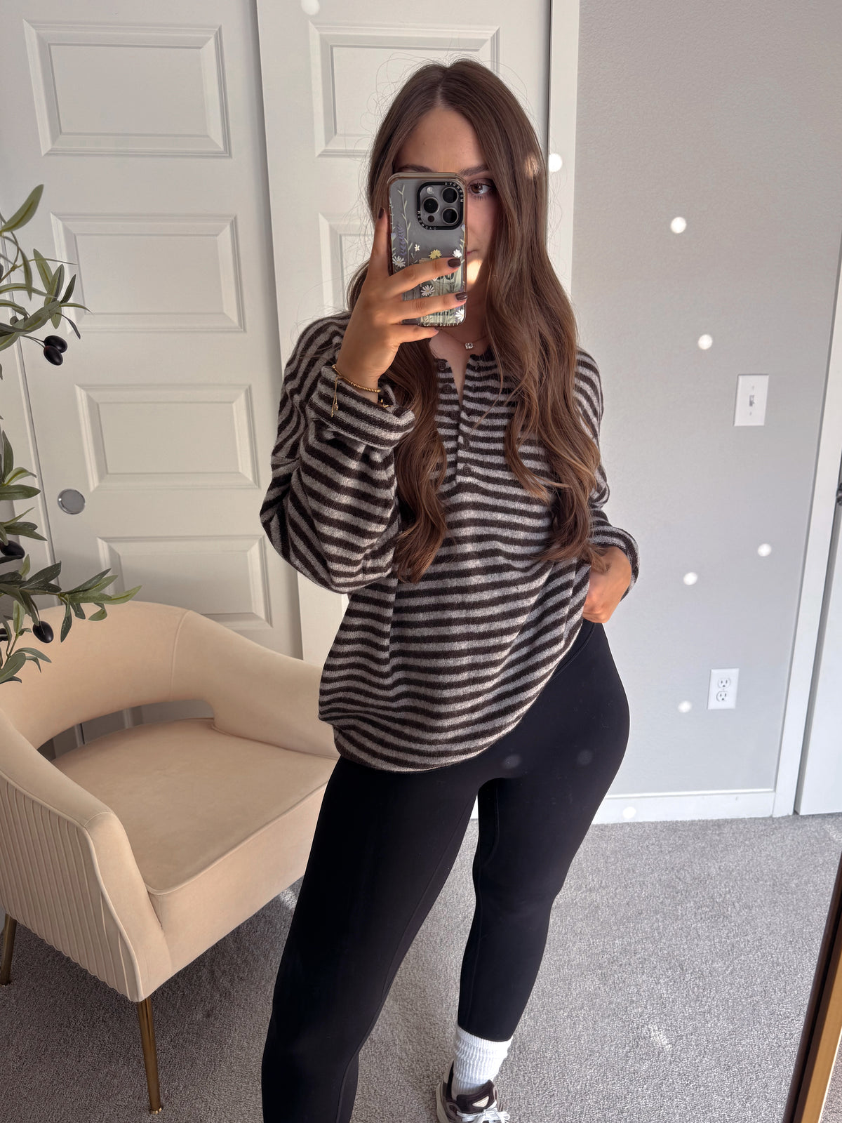 Rae Oversized Striped Henley Sweater (Deep Brown)