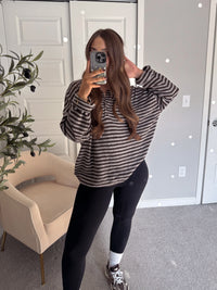 Rae Oversized Striped Henley Sweater (Deep Brown)