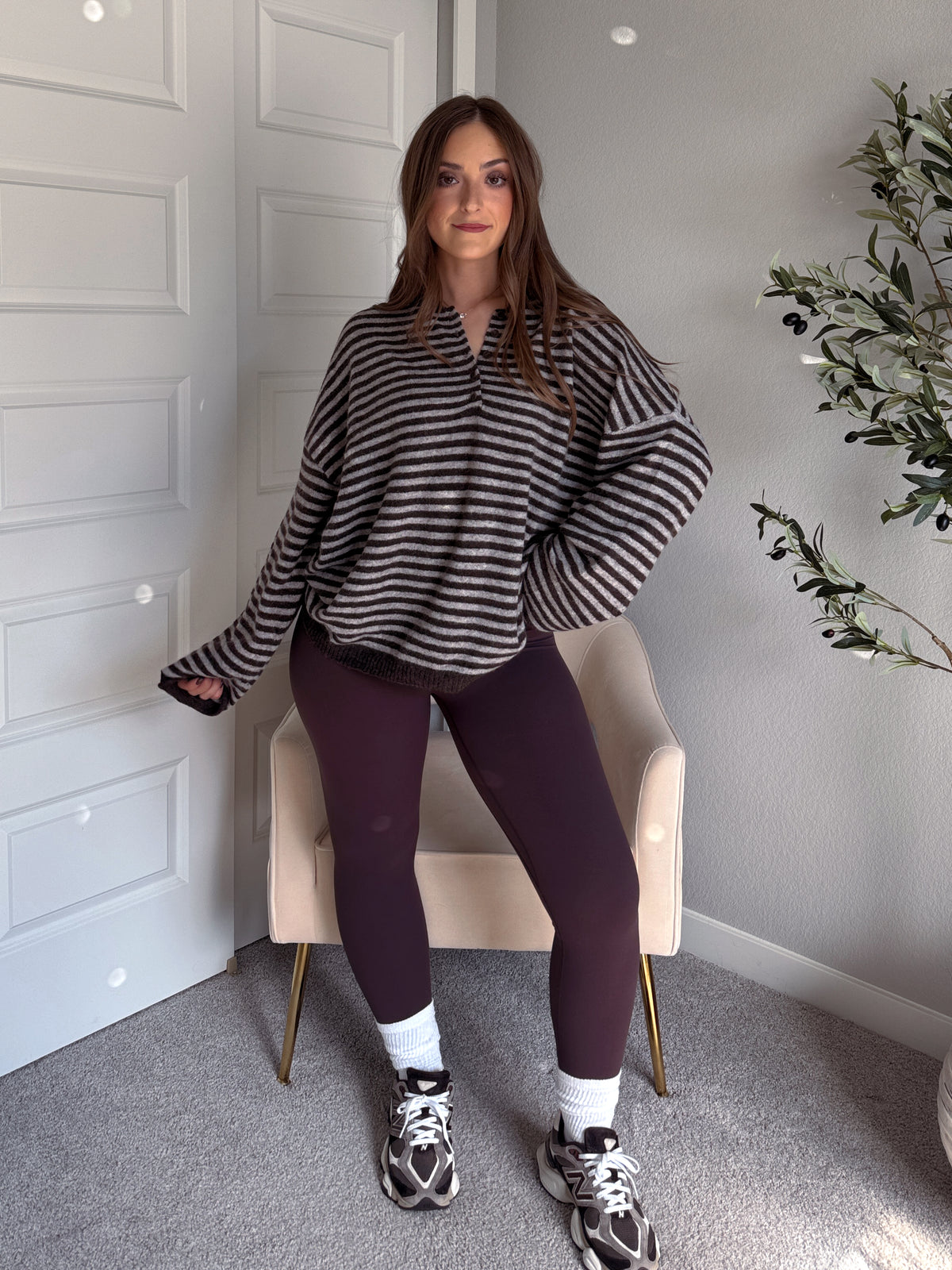 Rae Oversized Striped Henley Sweater (Deep Brown)