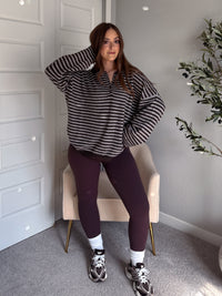 Rae Oversized Striped Henley Sweater (Deep Brown)