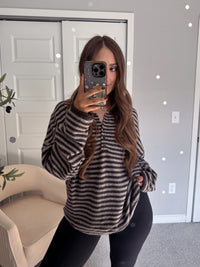 Rae Oversized Striped Henley Sweater (Deep Brown)