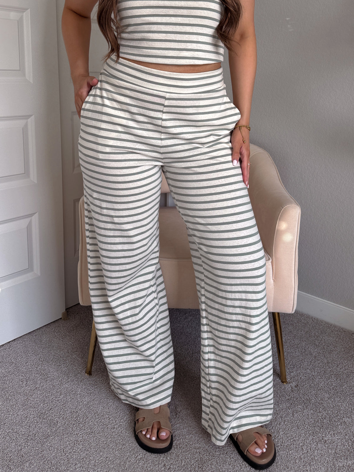 Reese Striped Wide-Leg Pants (Sage Green)