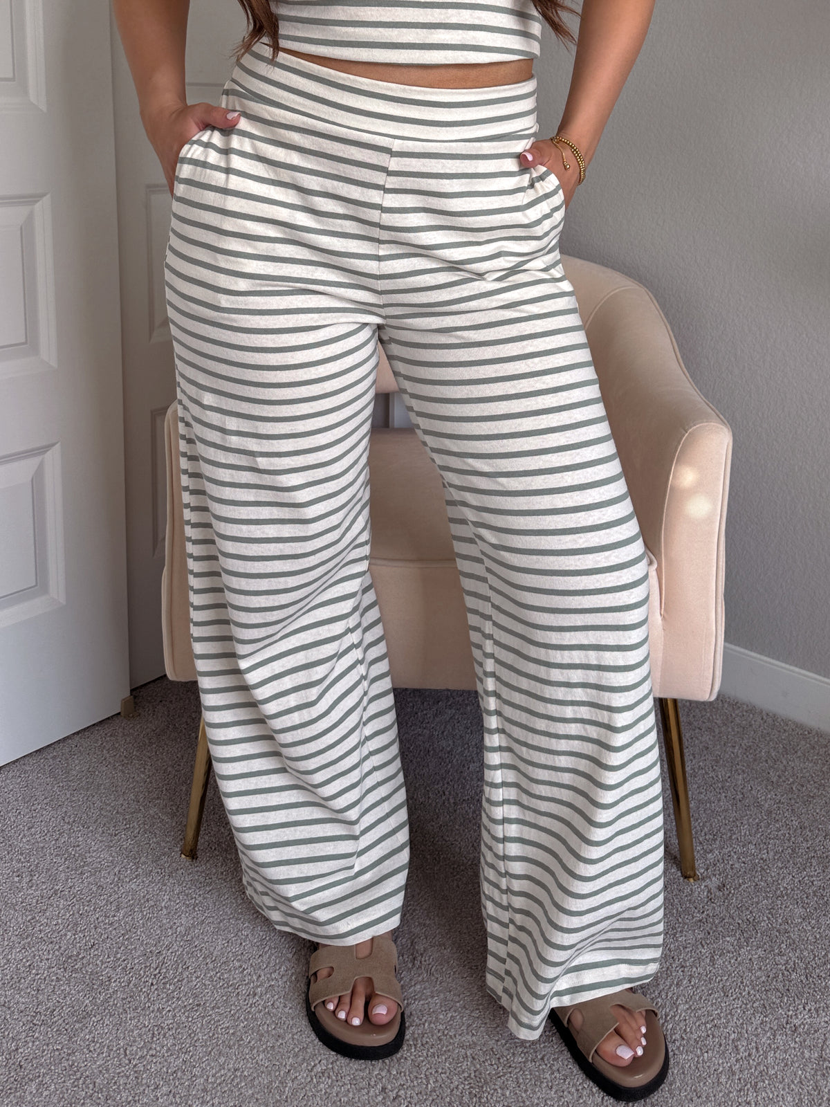 Reese Striped Wide-Leg Pants (Sage Green)