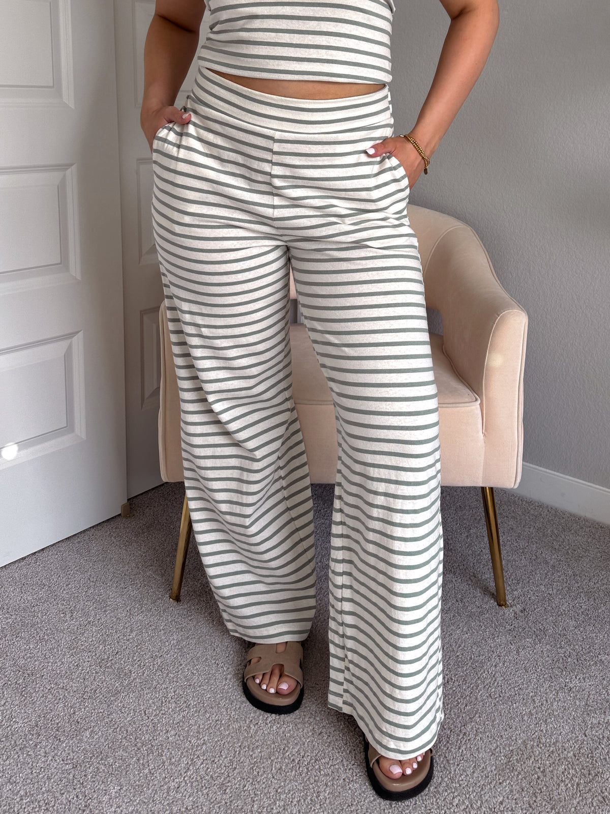 Reese Striped Wide-Leg Pants (Sage Green)