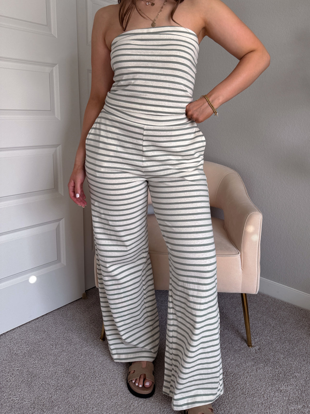 Reese Striped Wide-Leg Pants (Sage Green)