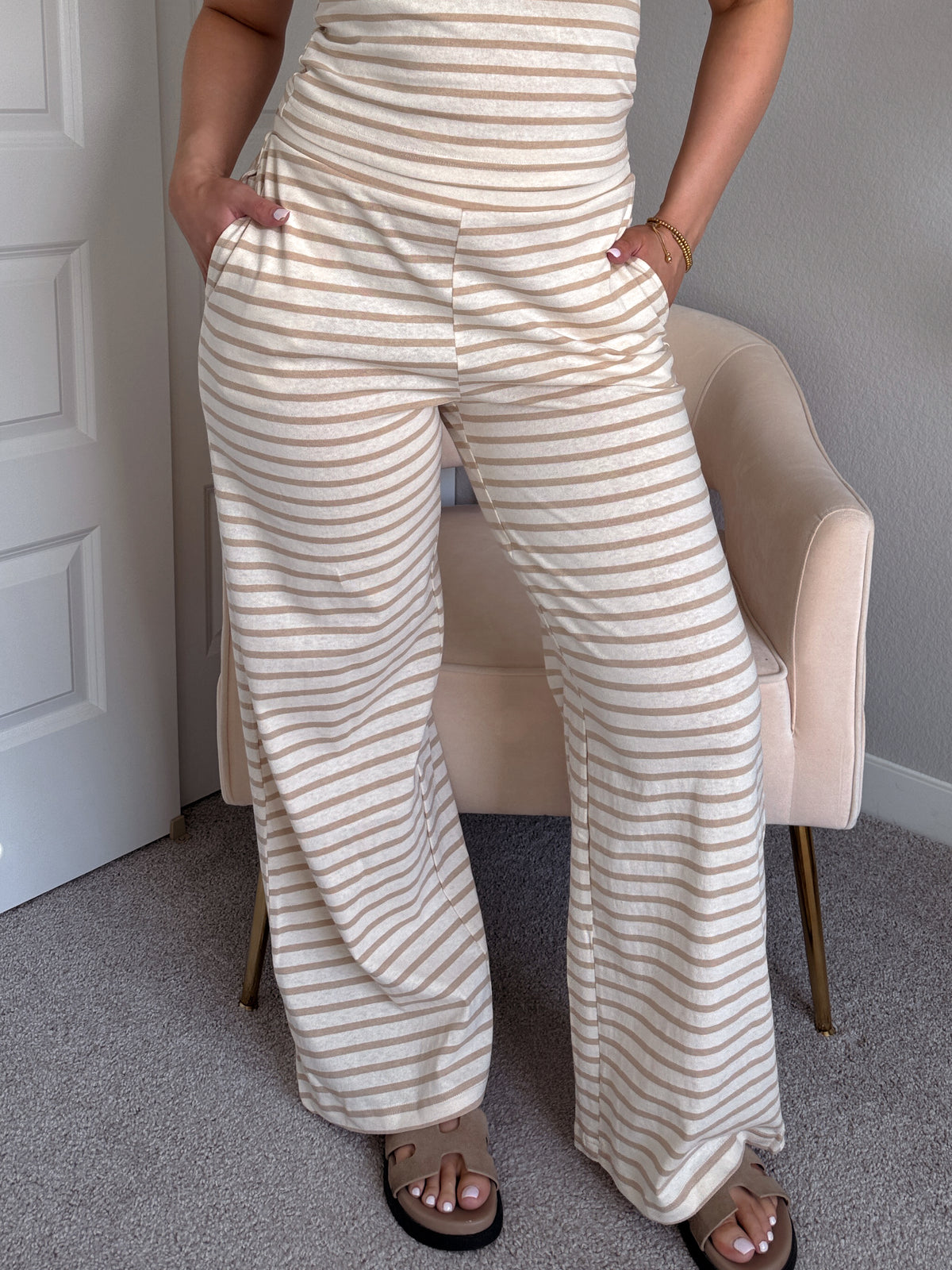 Reese Striped Wide-Leg Pants (Taupe)