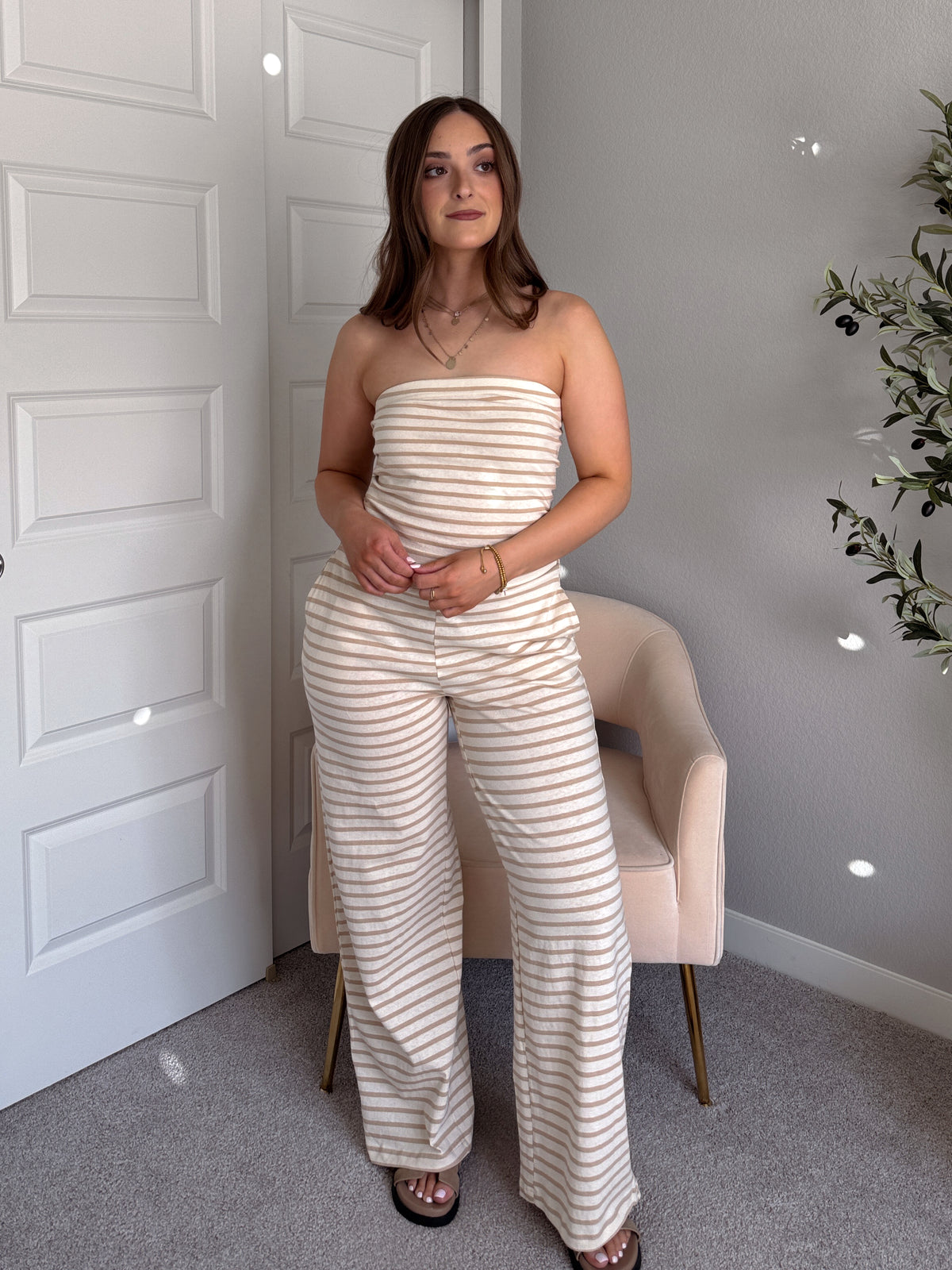 Reese Striped Wide-Leg Pants (Taupe)