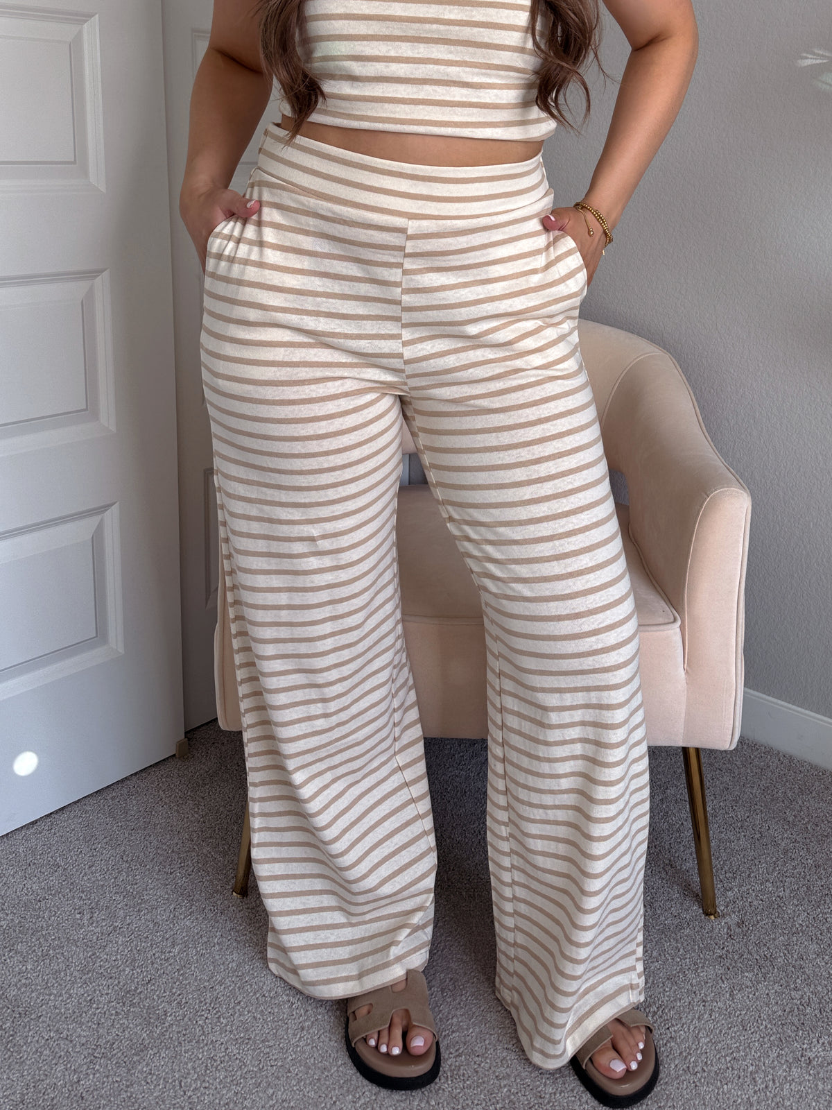 Reese Striped Wide-Leg Pants (Taupe)