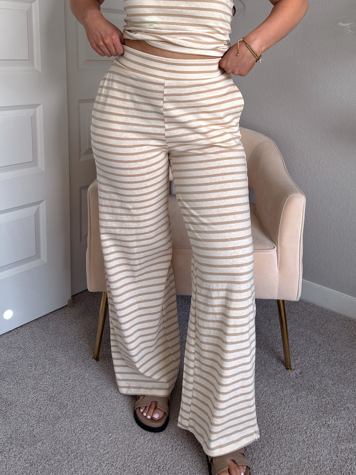 Reese Striped Wide-Leg Pants (Taupe)