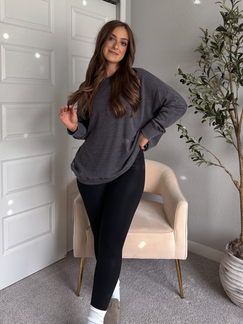 Reese Waffle Ribbed Slouchy Pullover (Washed Black)
