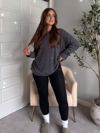 Reese Waffle Ribbed Slouchy Pullover (Washed Black)