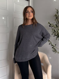 Reese Waffle Ribbed Slouchy Pullover (Washed Black)