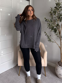 Reese Waffle Ribbed Slouchy Pullover (Washed Black)