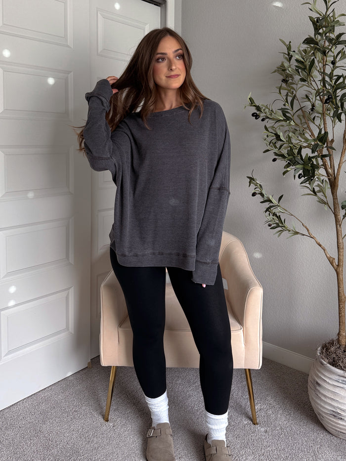 Reese Waffle Ribbed Slouchy Pullover (Washed Black)