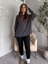 Reese Waffle Ribbed Slouchy Pullover (Washed Black)
