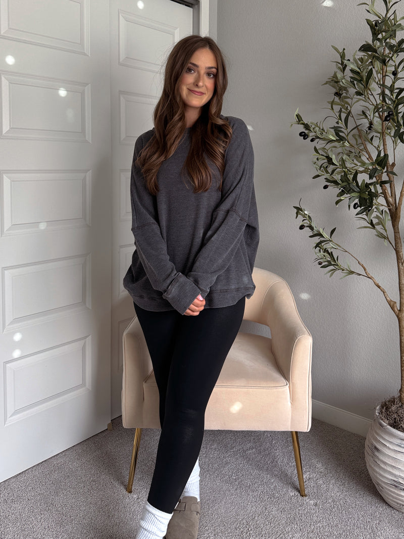 Reese Waffle Ribbed Slouchy Pullover (Washed Black)