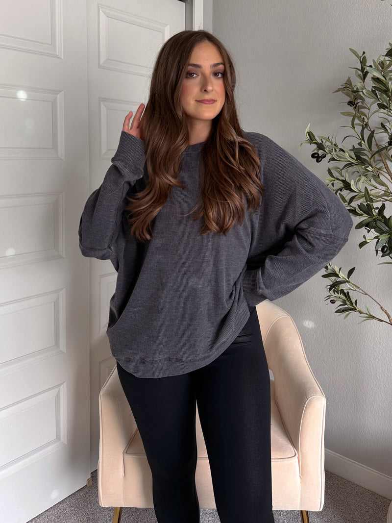 Reese Waffle Ribbed Slouchy Pullover (Washed Black)