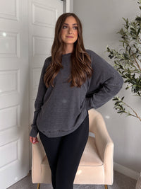 Reese Waffle Ribbed Slouchy Pullover (Washed Black)