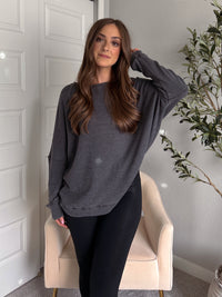 Reese Waffle Ribbed Slouchy Pullover (Washed Black)