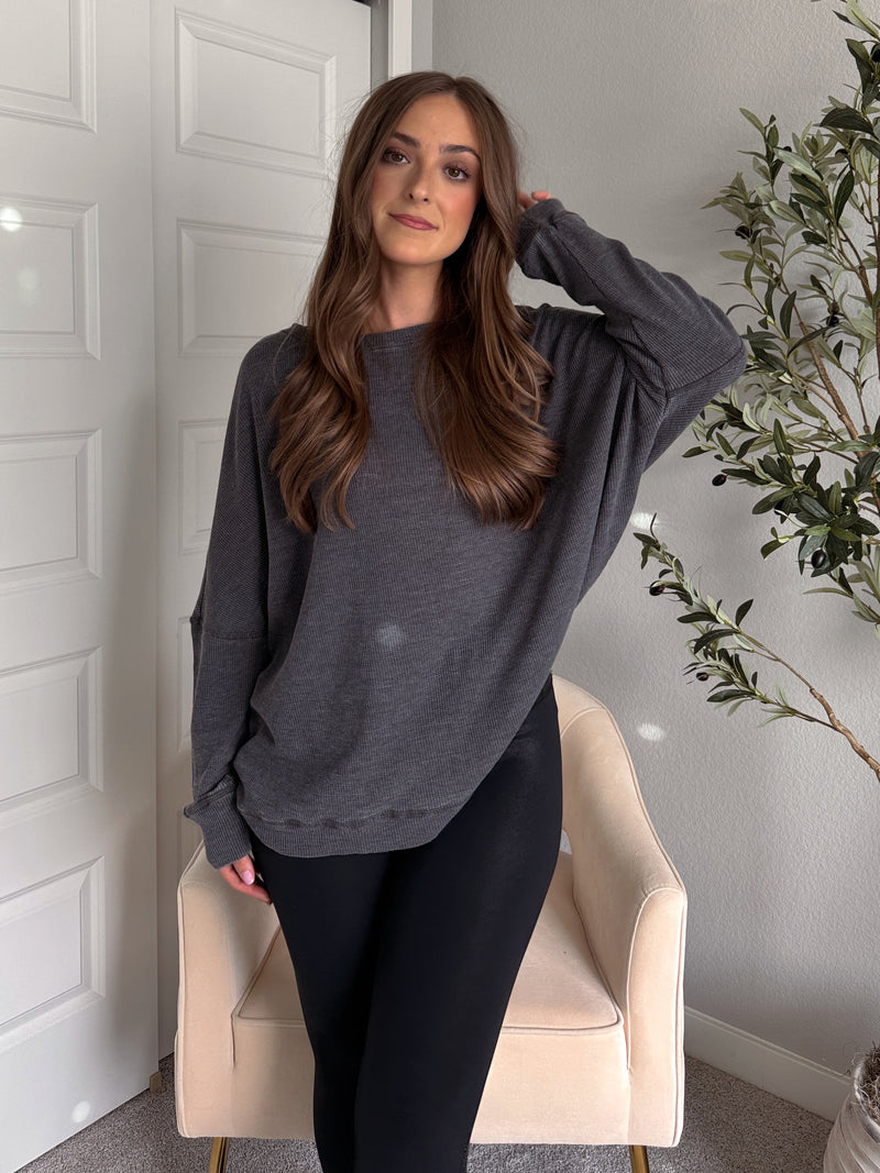 Reese Waffle Ribbed Slouchy Pullover (Washed Black)