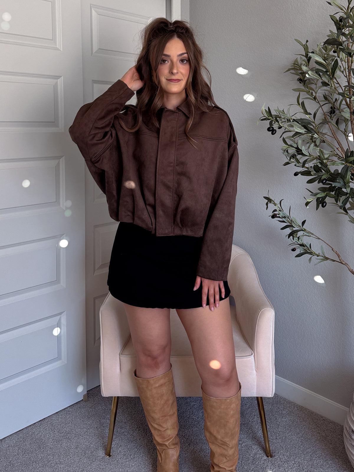 Ryder Cropped Suede Bubble Hem Bomber Jacket (Dark Brown)