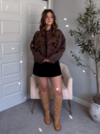 Ryder Cropped Suede Bubble Hem Bomber Jacket (Dark Brown)