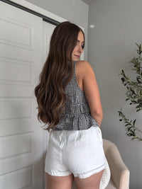 Sadie Tie-Front Gingham Peplum Top (Black/White)