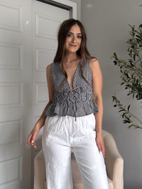 Sadie Tie-Front Gingham Peplum Top (Black/White)