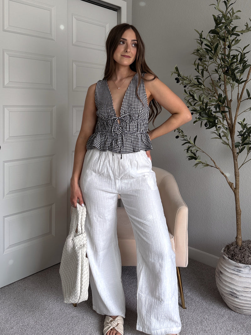 Sadie Tie-Front Gingham Peplum Top (Black/White)